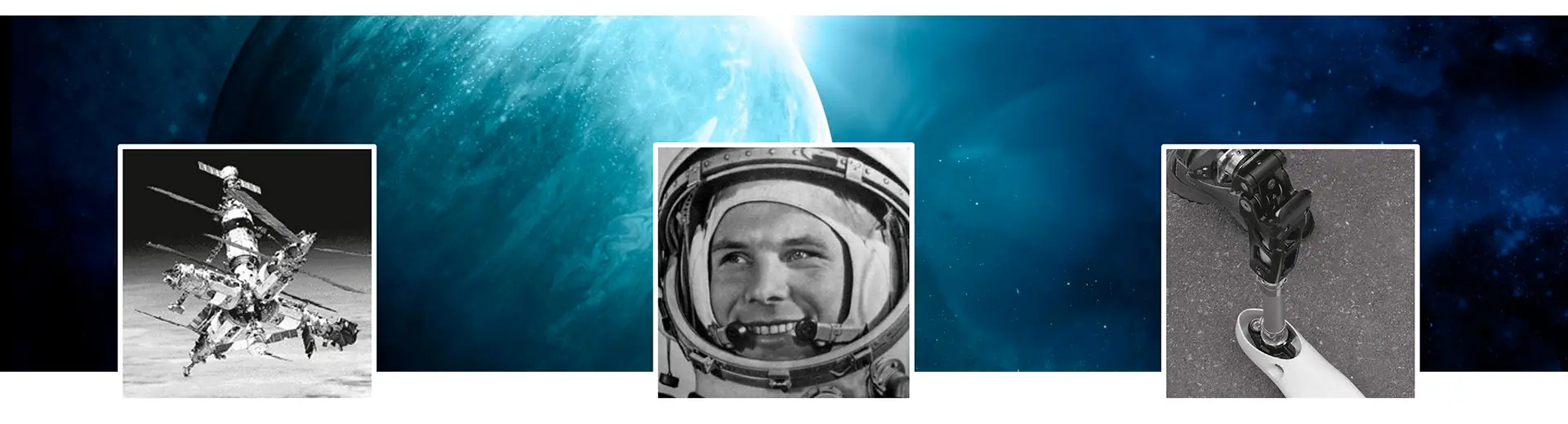Montage with the Mir space station, a cosmonaut in a space suit and a prosthetic knee